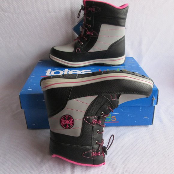 🎀 TOTES BEAVER BIG GIRLS SNOW BOOTS; BLACK - PINK - GREY (SIZE 6) 🎀 - Picture 8 of 16